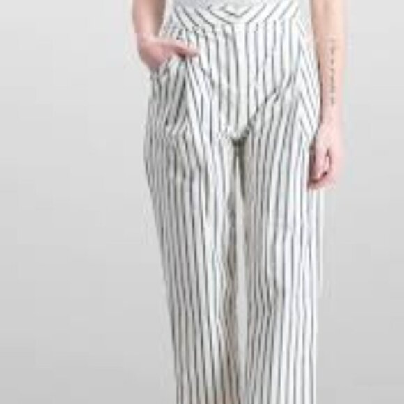 MO:Vint Pants - Mo Vint Women Cropped Stripe Wide Leg Pants, Blue Stripe Size - Medium NWT